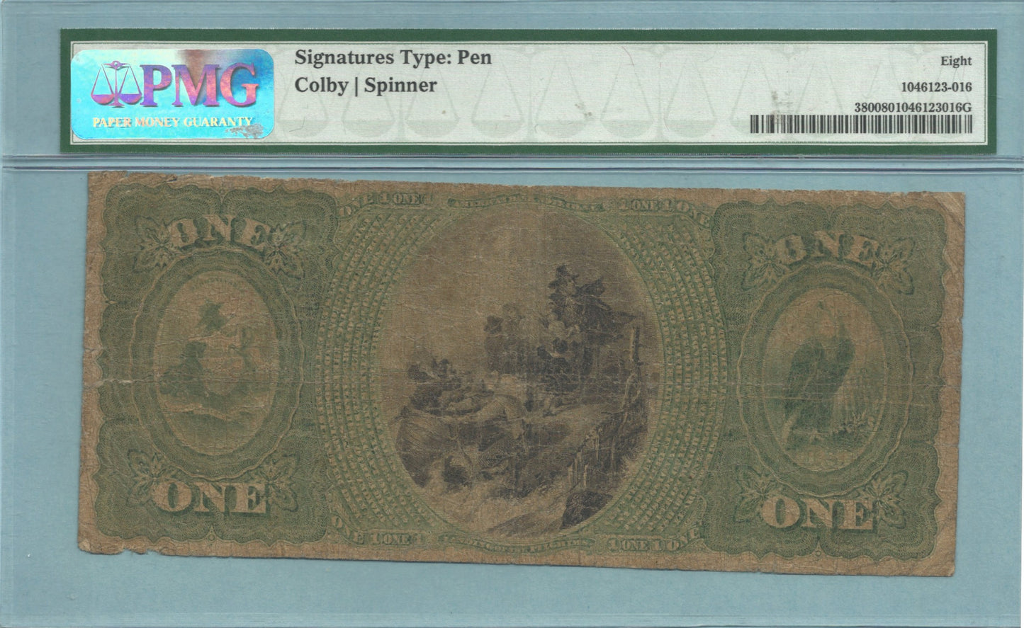 $1 National Currency 1865-Original - Ch#542 - Corn Exchange NB, Philadelphia, PA - PMG 8 - Pen Signatures