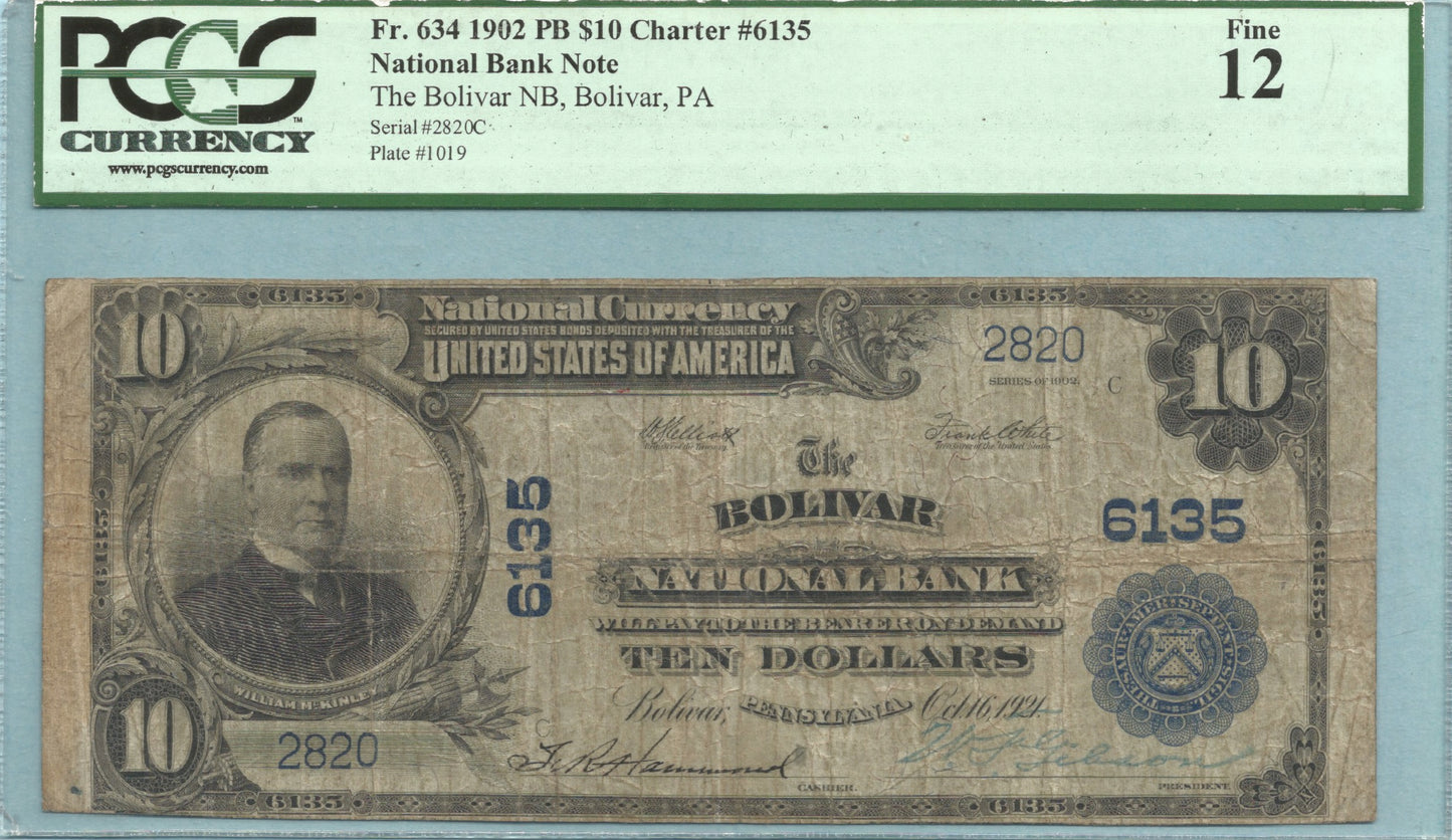 $10 National Currency 1902-PB - Ch#6135 - Bolivar NB, Bolivar, PA - PCGS 12