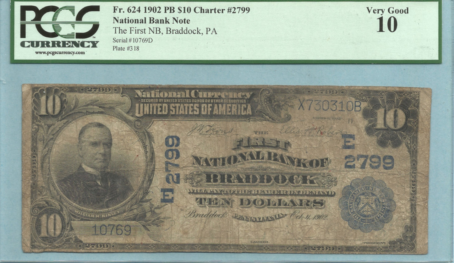 $10 National Currency 1902-PB - Ch#2799 - 1st NB, Braddock, PA - PCGS 10