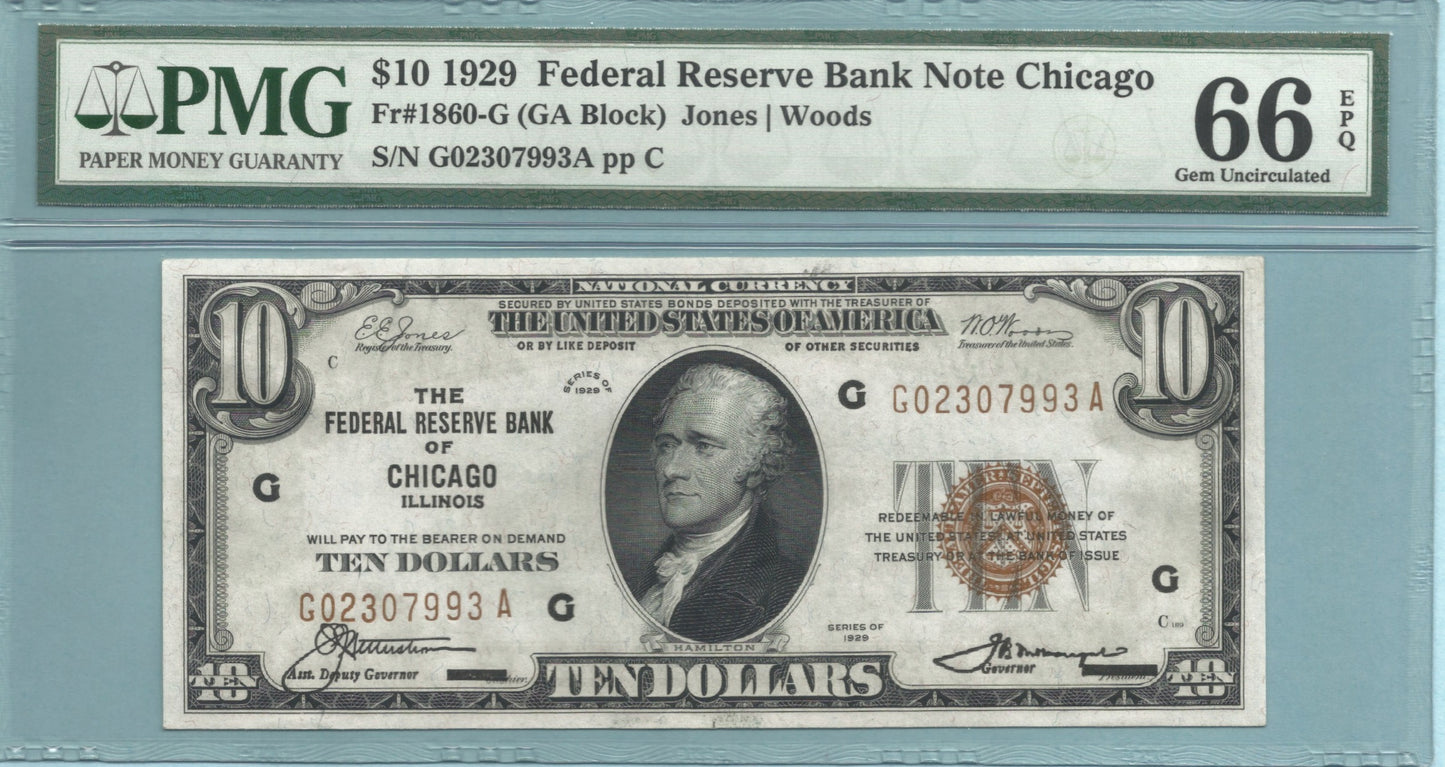 $10 Federal Reserve Bank Note - 1929 - Fr#1860-G - PMG 66 EPQ - (G)Chicago