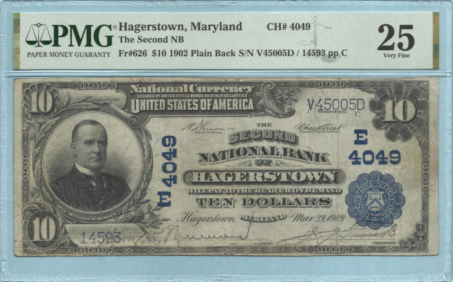 $10 National Currency 1902-PB - Ch#4049 - 2nd NB, Hagerstown, MD - PMG 25