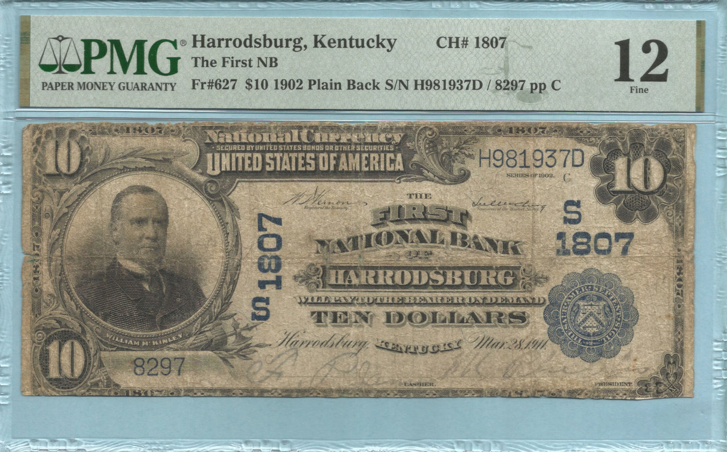 $10 National Currency 1902-PB - Ch#1807 - 1st NB, Harrodsburg, KY - PMG 12