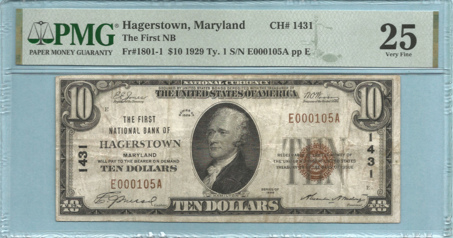 $10 National Currency 1929-T1 - Ch#1431 - 1st NB, Hagerstown, MD - PMG 25