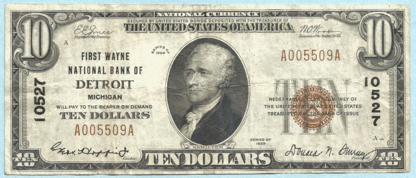 $10 National Currency 1929-T1 - Ch#10527 - 1st Wayne NB, Detroit, MI - VF+