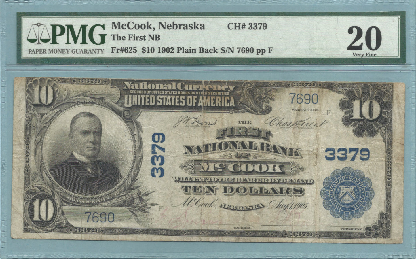 $10 National Currency 1902-PB - Ch#3379 - 1st NB, McCook, NE - PMG 20