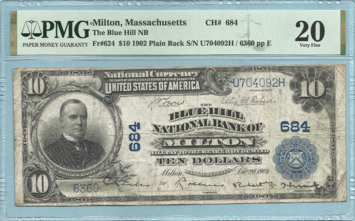 $10 National Currency 1902-PB - Ch#684 - Blue Hill NB, Milton, MA - PMG 20