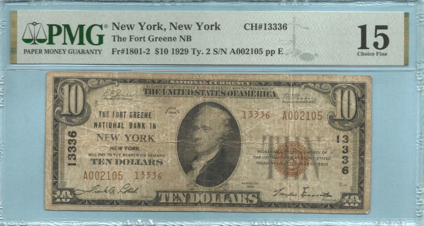 $10 National Currency 1929-T2 - Ch#13336 - Fort Greene NB, New York, NY - PMG 15