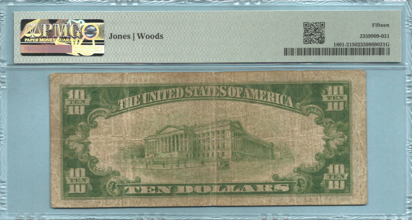 $10 National Currency 1929-T2 - Ch#13336 - Fort Greene NB, New York, NY - PMG 15