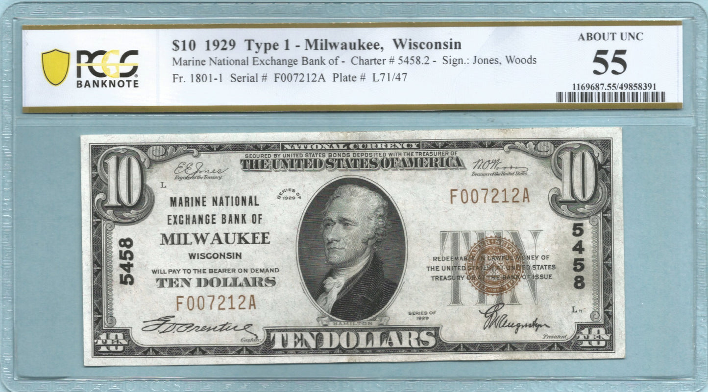 $10 National Currency 1929-T1 - Ch#5458 - Marine NEB, Milwaukee, WI - PCGS 55