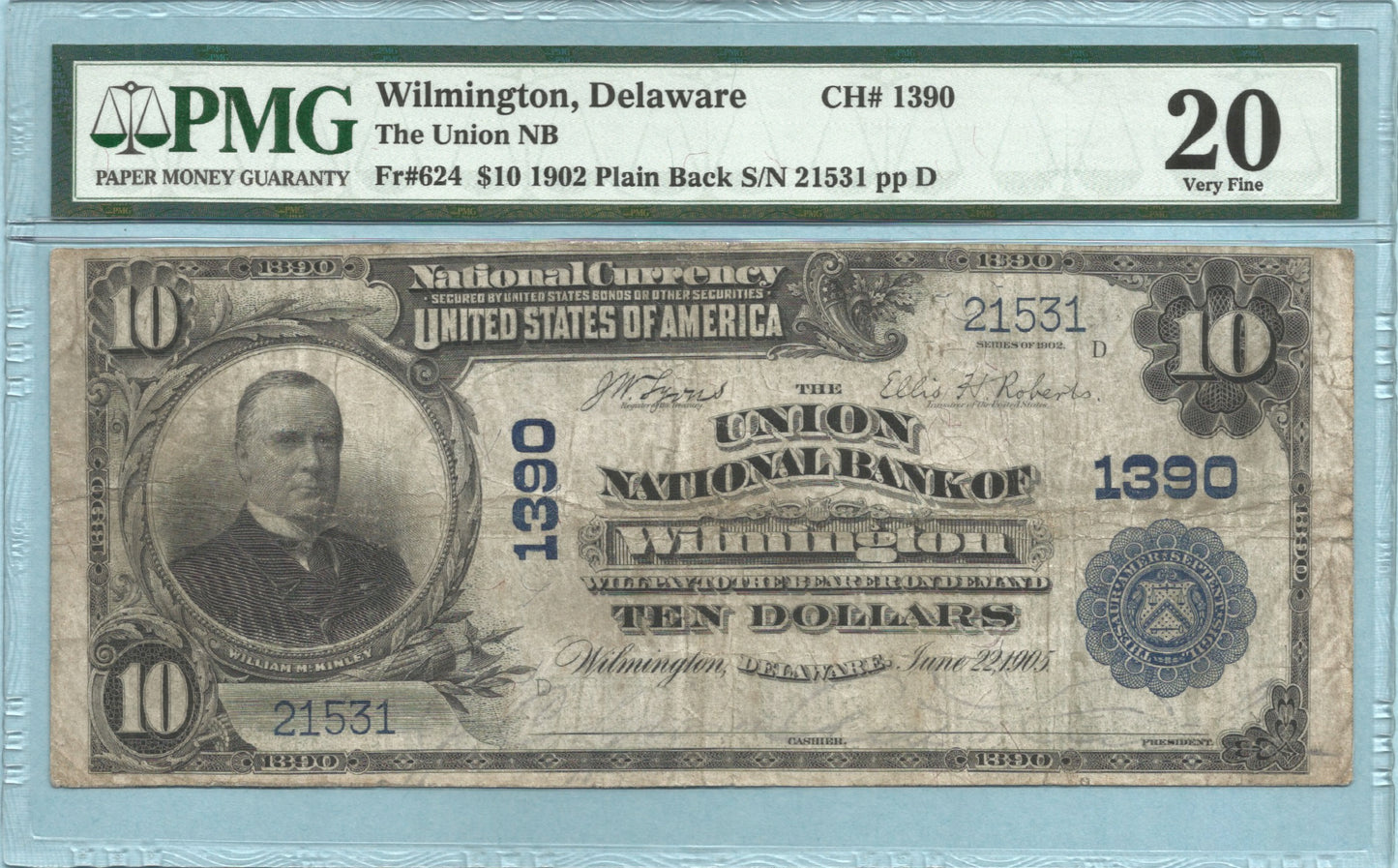 $10 National Currency 1902-PB - Ch#1390 - Union NB, Wilmington, DE - PMG 20