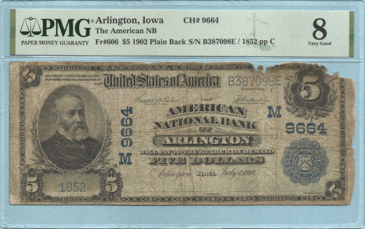 $5 National Currency 1902-PB - Ch#9664 - American NB, Arlington, IA - PMG 8