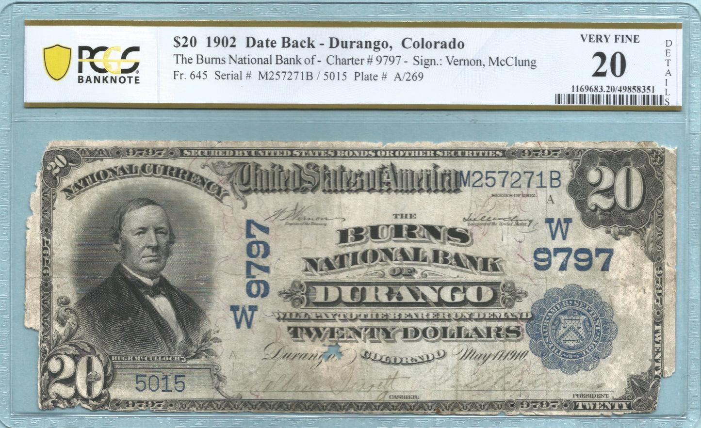 $20 National Currency 1902-DB - Ch#979 - Burns NB, Durango, CO - PCGS 20 Details