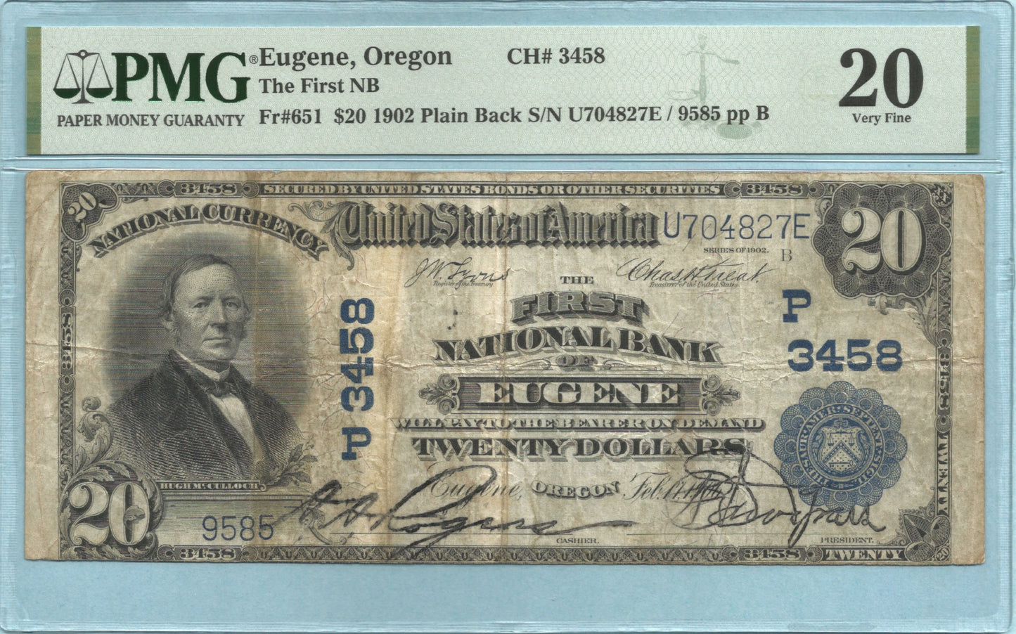 $20 National Currency 1902-PB - Ch#3458 - 1st NB, Eugene,OR - PMG 20