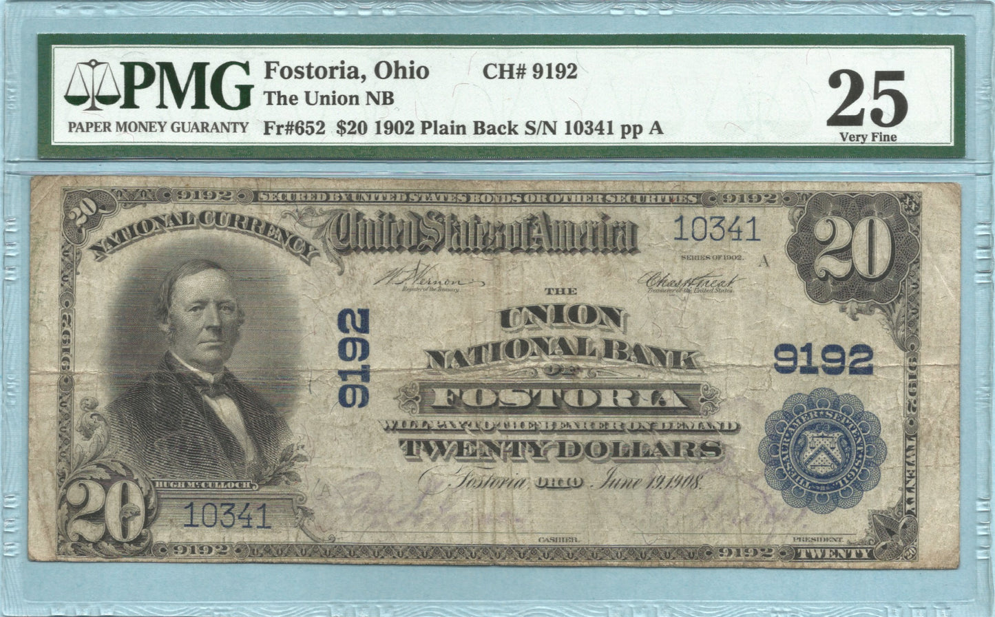 $20 National Currency 1902-PB - Ch#9192 - Union NB, Fostoria, OH - PMG 25