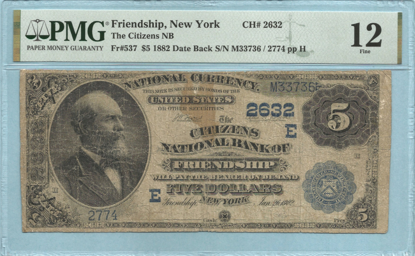 $5 National Currency 1882-DB - Ch#2632 - Citizens NB, Friendship, NY - PMG 12