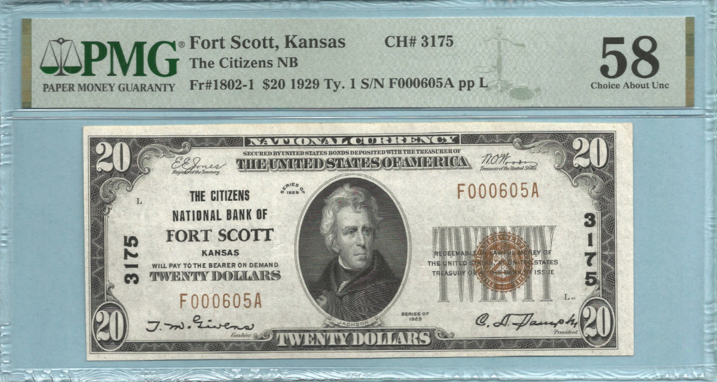 $20 National Currency 1929-T1 - Ch#3175 - Citizens NB, Fort Scott, KS - PMG 58
