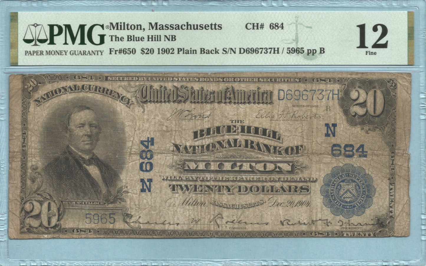 $20 National Currency 1902-PB - Ch#684 - Blue Hill NB, Milton, MA - PMG 12