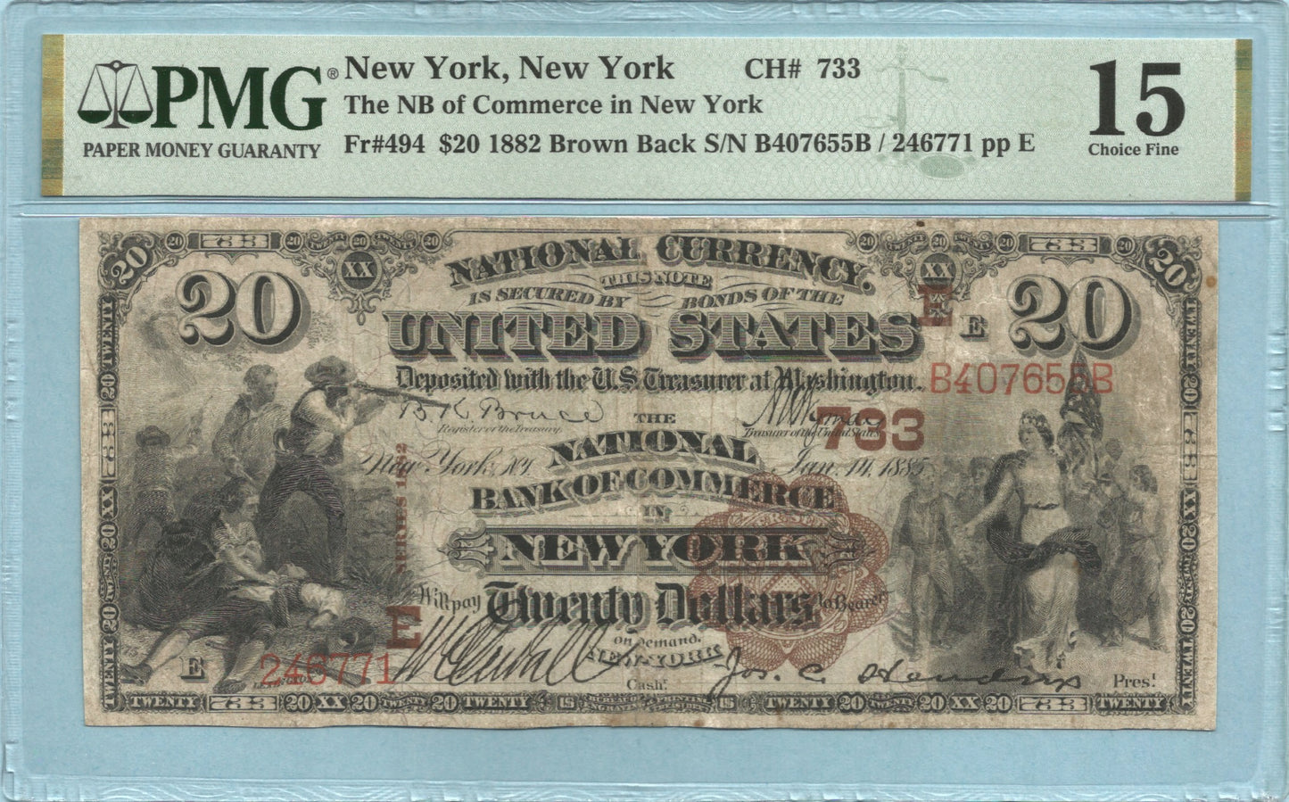 $20 National Currency 1882-BB - Ch#733 - NB of Commerce, New York, NY - PMG 15