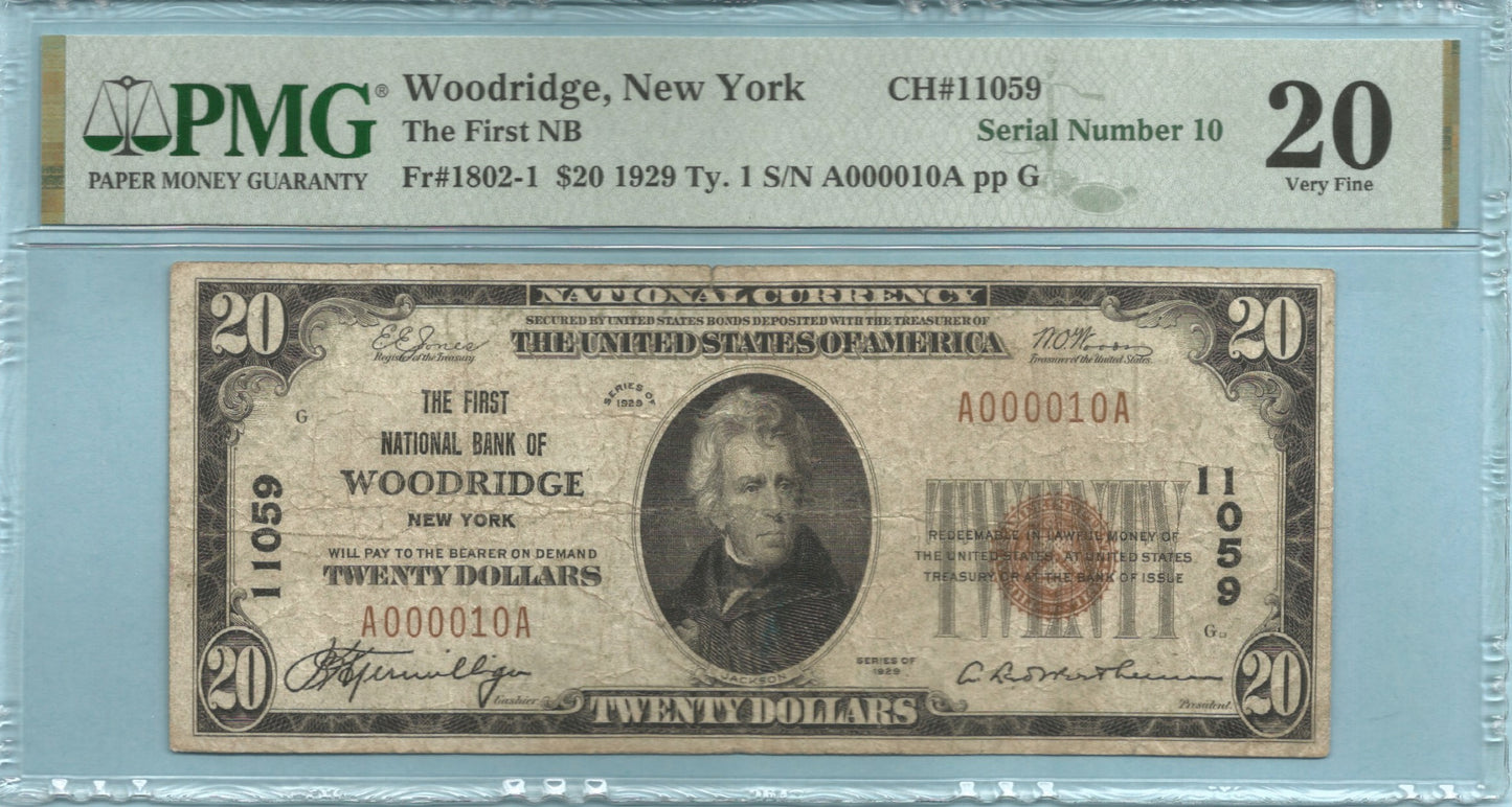 $20 National Currency 1929-T1 Ch#11059 - 1st NB, Woodridge, NY - PMG 20 - S/N 10