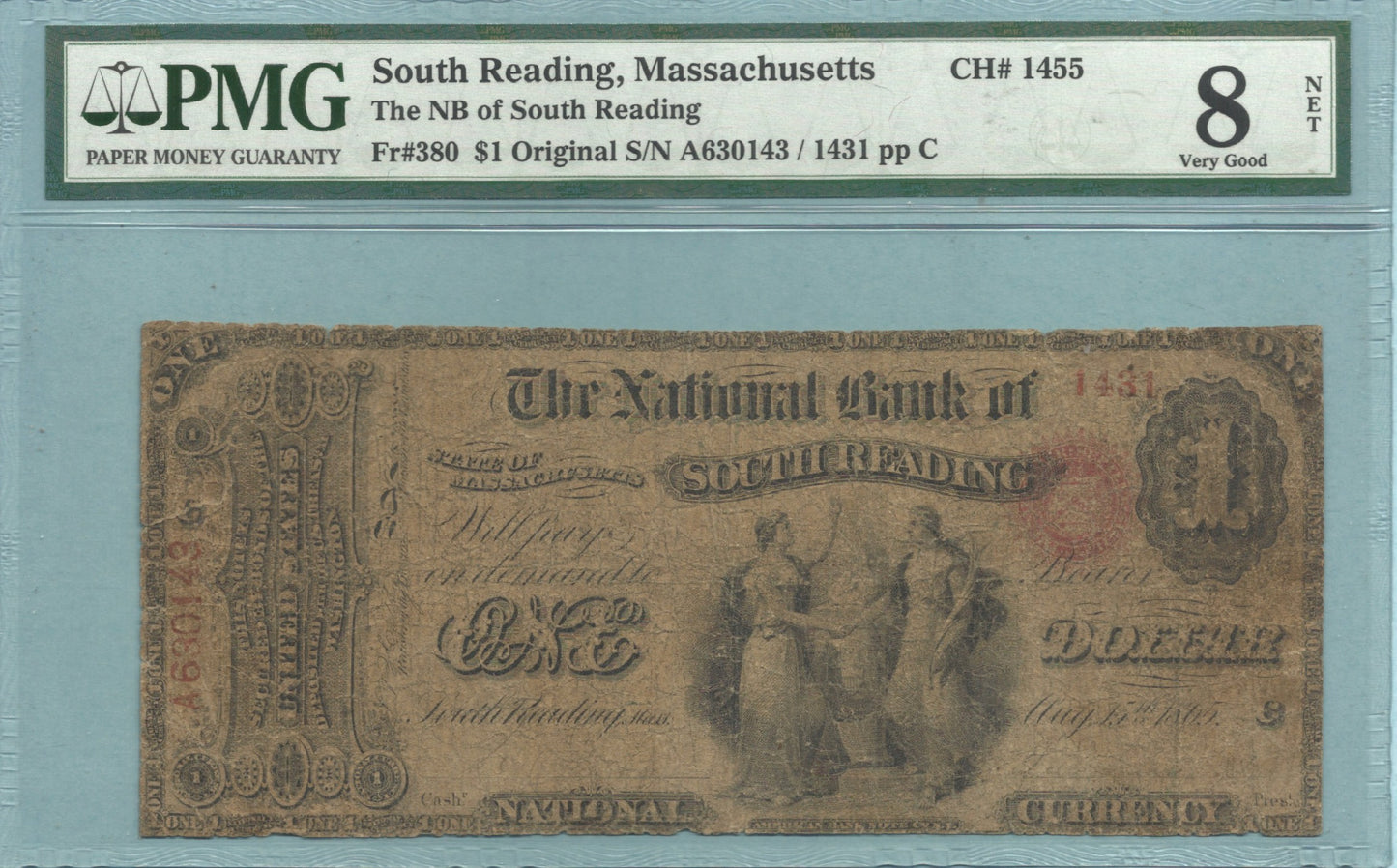 $1 National Currency 1865-Original - Ch#1455 - NB of South Reading, MA - PMG 8 NET
