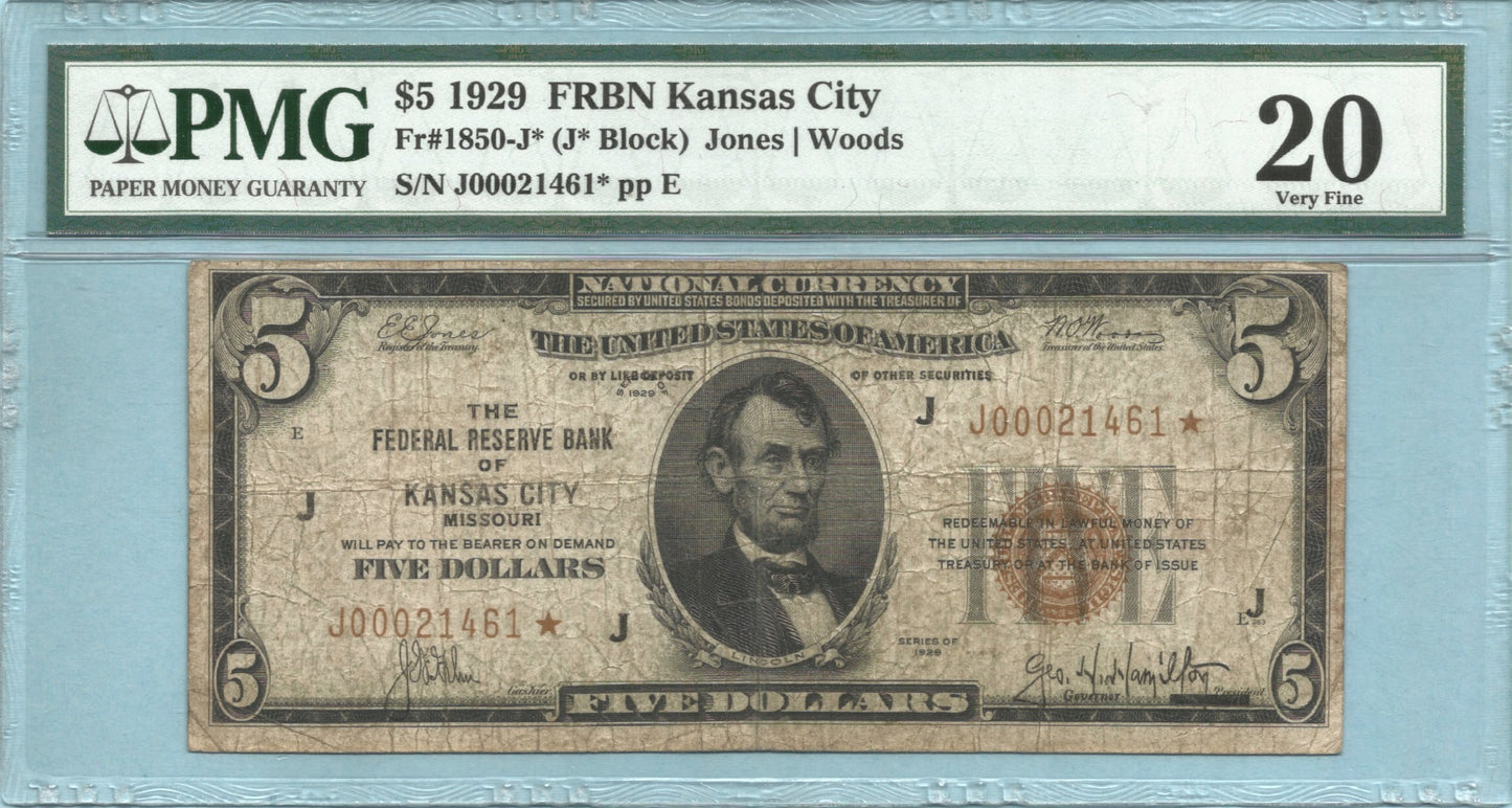 $5 Federal Reserve Bank Note 1929 - Fr#1850-J* - STAR NOTE - PMG 20