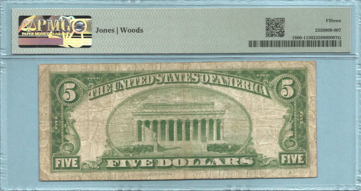 $5 National Currency 1929-T1 Ch#7279 - 1st NB San Mateo Co., Redwood City, CA - PMG 15
