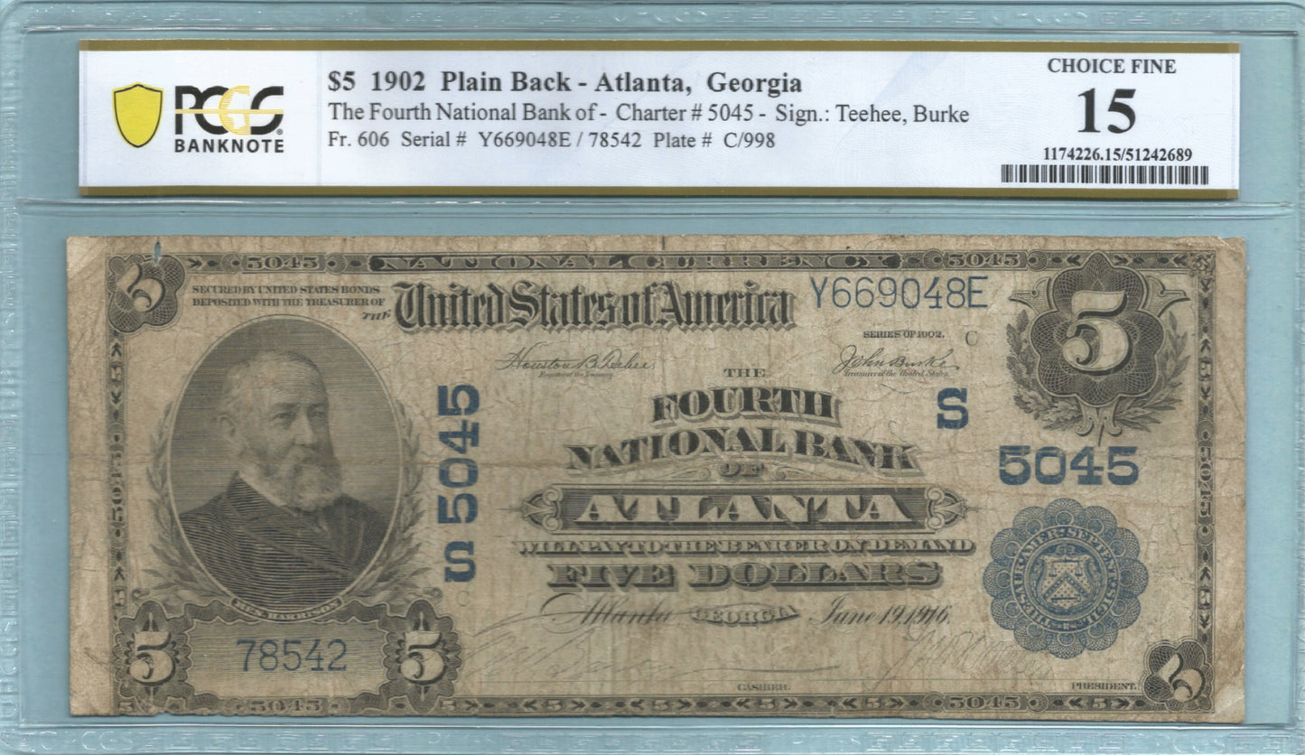 $5 National Currency 1902-PB - Ch#5045 - 4th NB, Atlanta, GA - PCGS 15