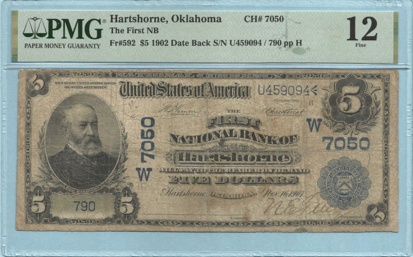 $5 National Currency 1902-DB - Ch#7050 - 1st NB, Hartshorne, OK - PMG 12