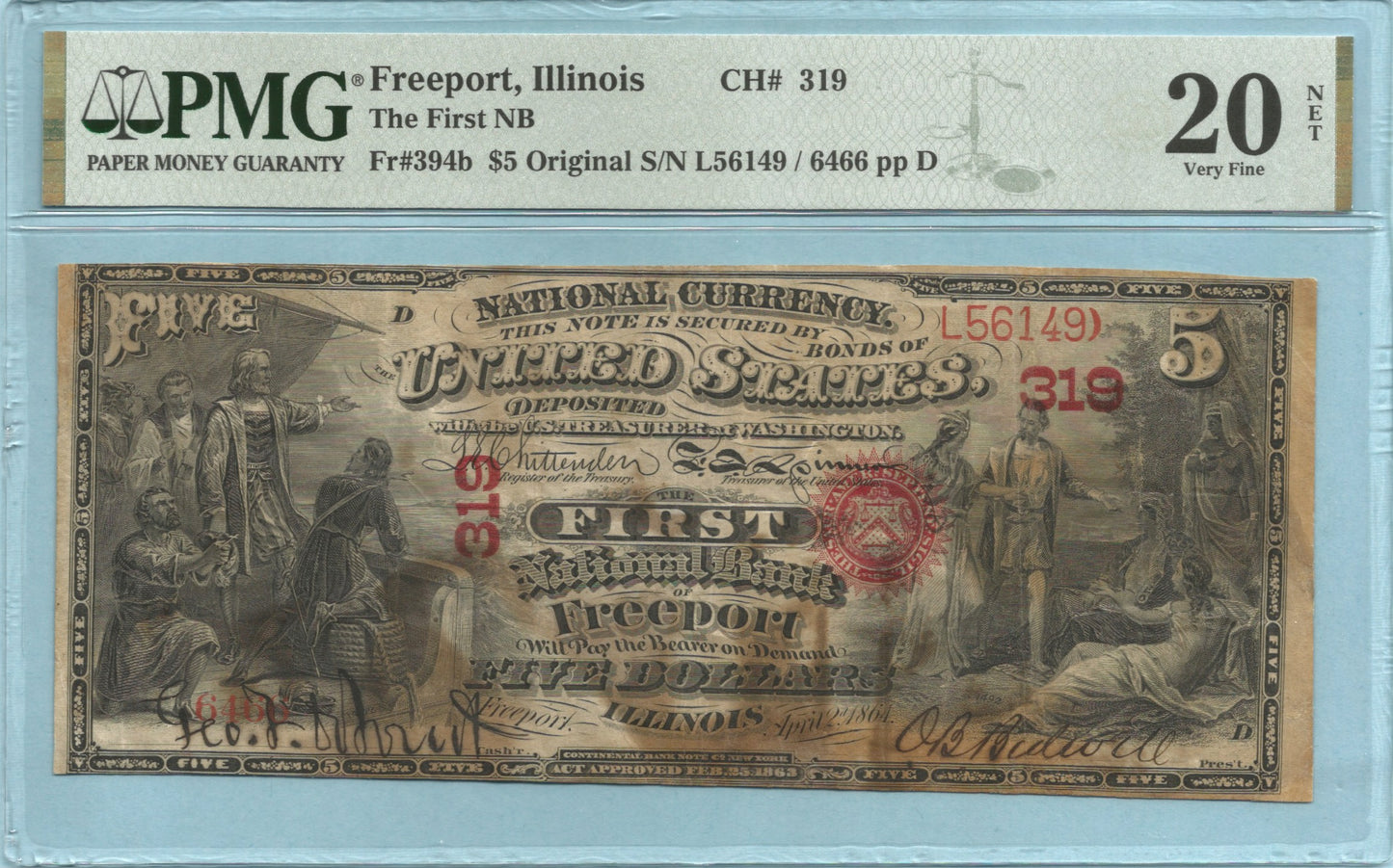 $5 National Currency 1865-Original - Ch#319 - 1st NB, Freeport, IL - PMG 20 NET
