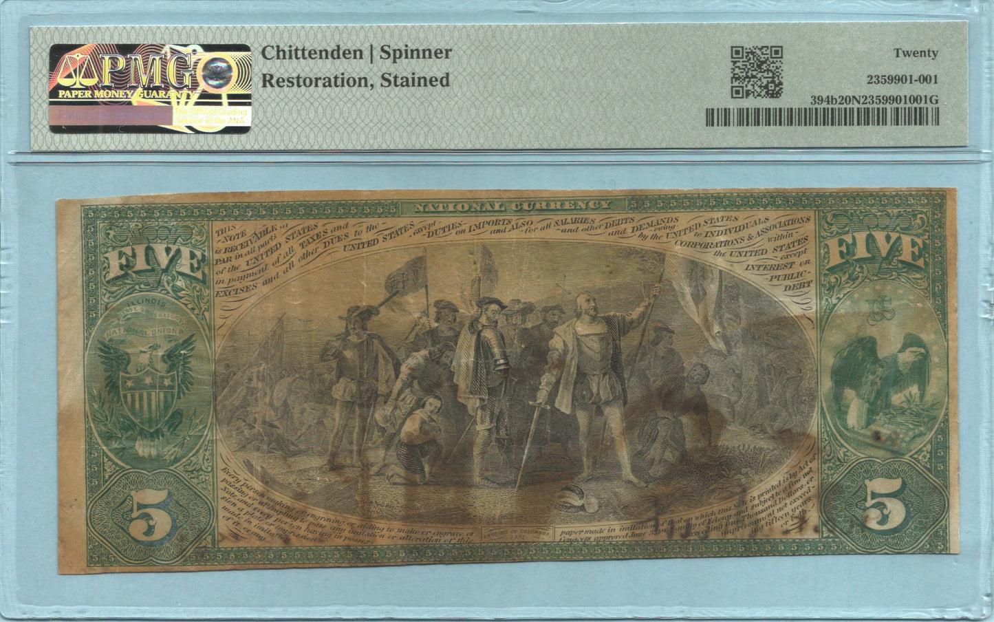 $5 National Currency 1865-Original - Ch#319 - 1st NB, Freeport, IL - PMG 20 NET