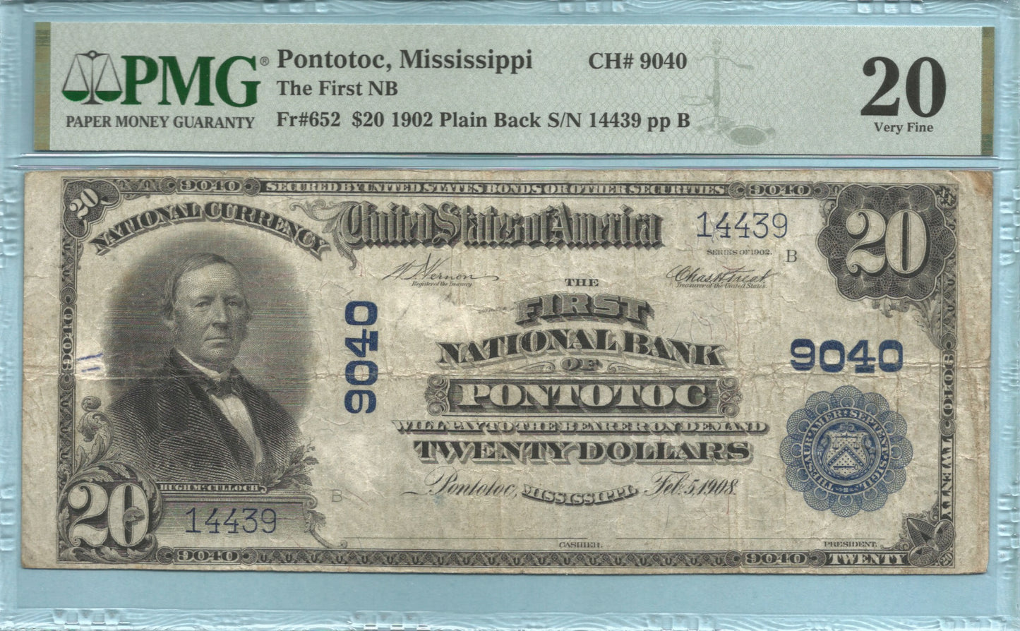 $20 National Currency 1902-PB - Ch#9040 - 1st NB, Pontotoc, MS - PMG 20