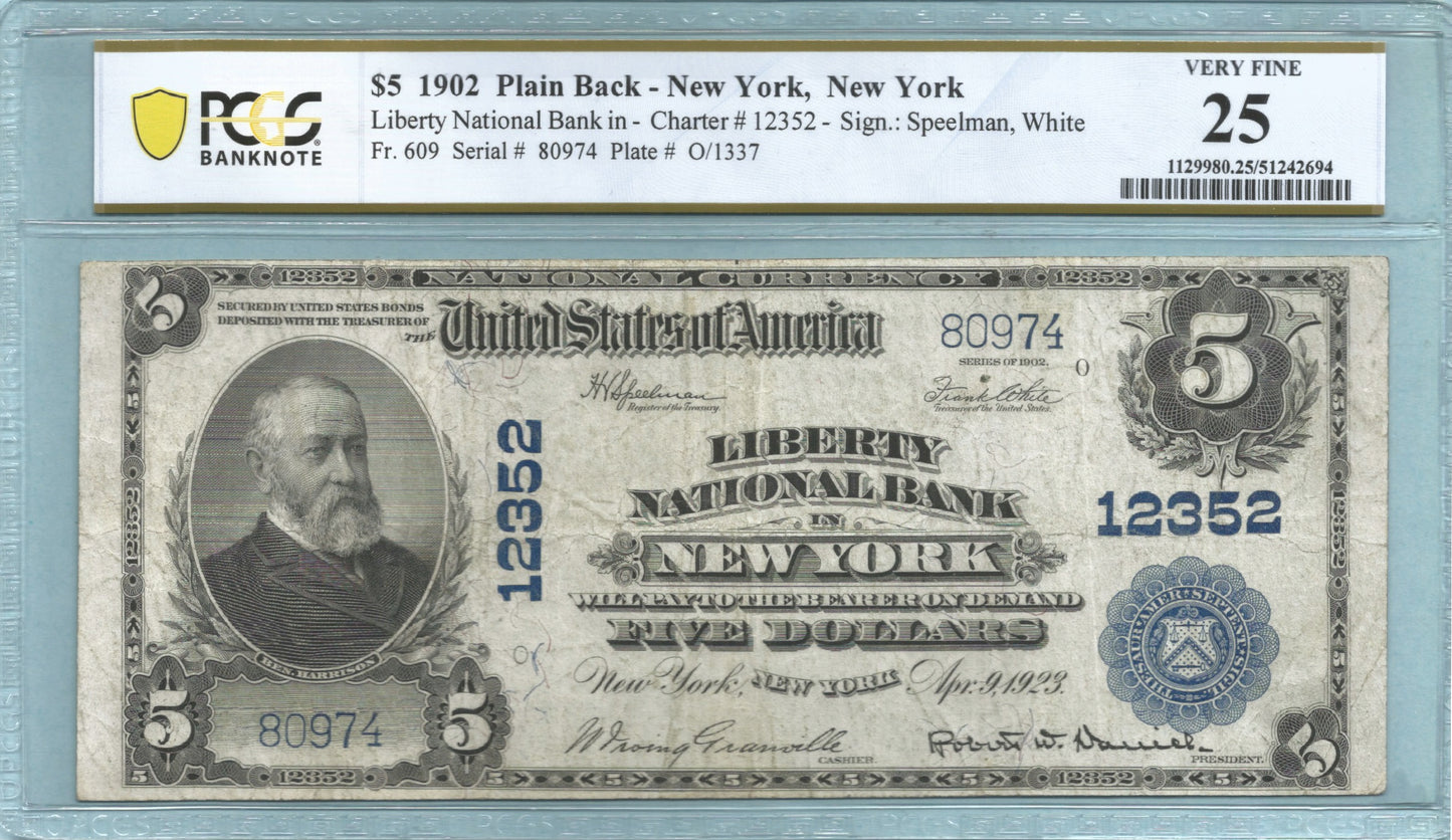 $5 National Currency 1902-PB - Ch#12352 - Liberty NB, New York, NY - PCGS 25