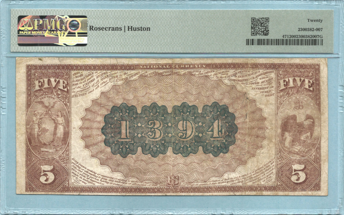$5 National Currency 1882-BB - Ch#1394 - American Exchange NB, New York, NY - PMG 20