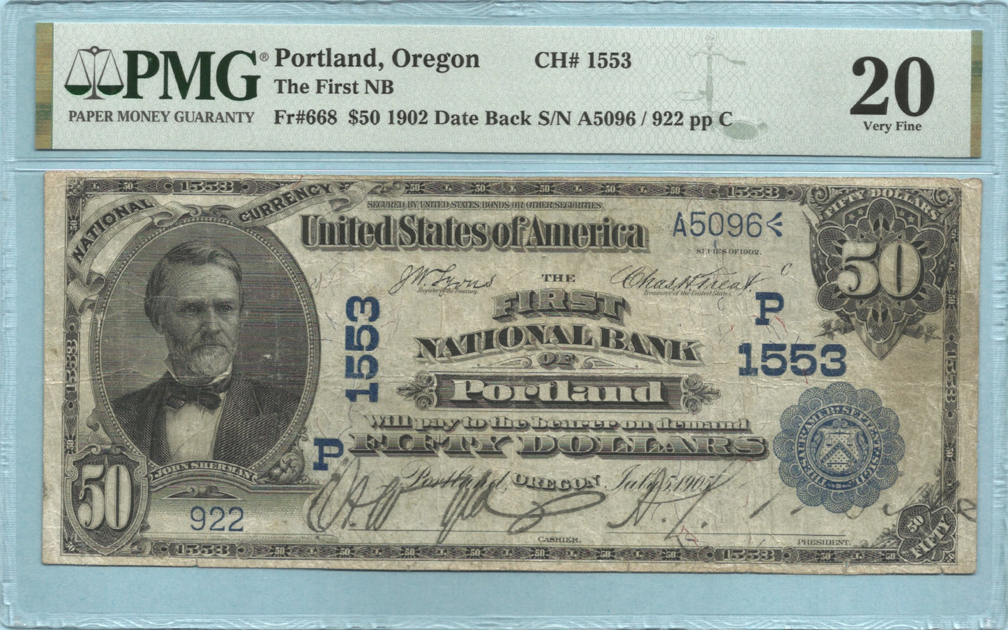 $50 National Currency 1902-DB - Ch#1553 - 1st NB, Portland, OR - PMG 20