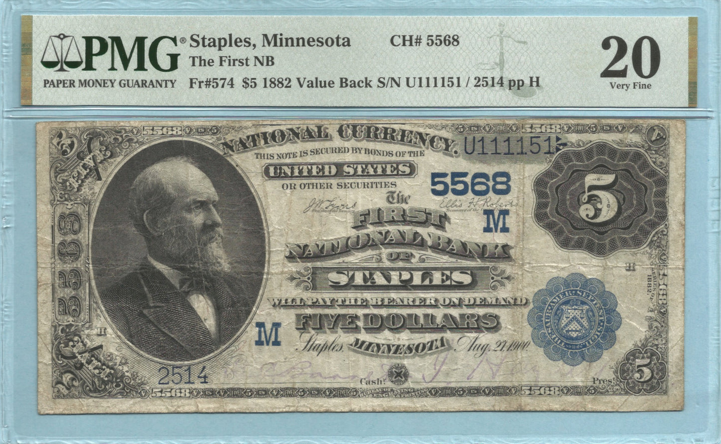 $5 National Currency 1882-VB - Ch#5568 - 1st NB, Staples, MN - PMG 20