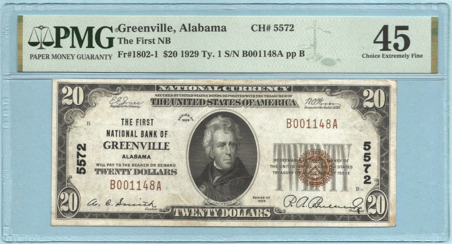 $20 National Currency 1929 T1 - Ch#5572 - 1st NB, Greenville, AL - PMG 45