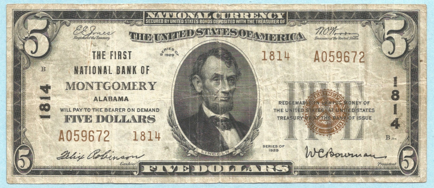 $5 National Currency 1929-T2 - Ch#1814 - 1st NB, Montgomery, AL - VF+