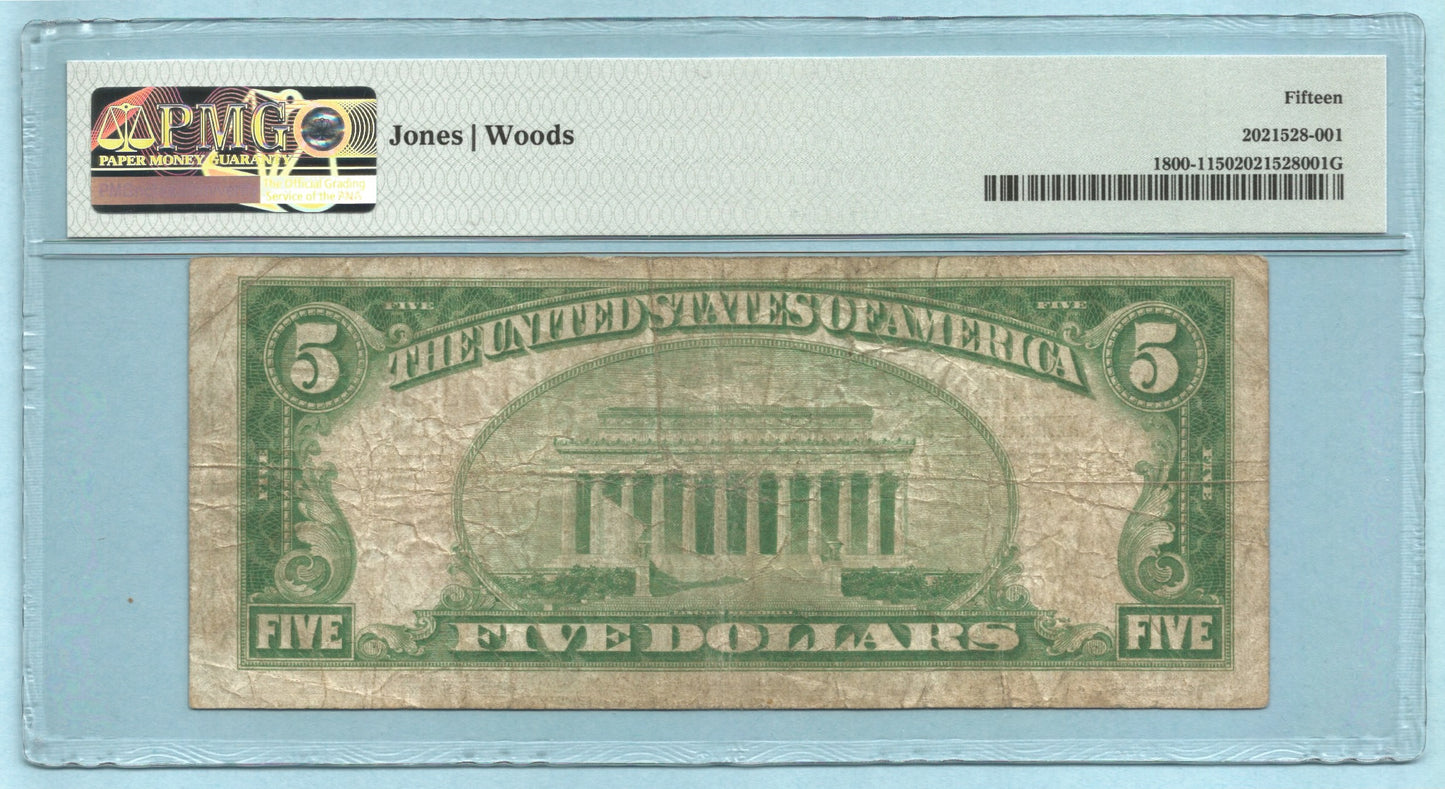 $5 National Currency 1929 T1 Ch#8135 Benton County NB, Bentonville, AR - PMG 15
