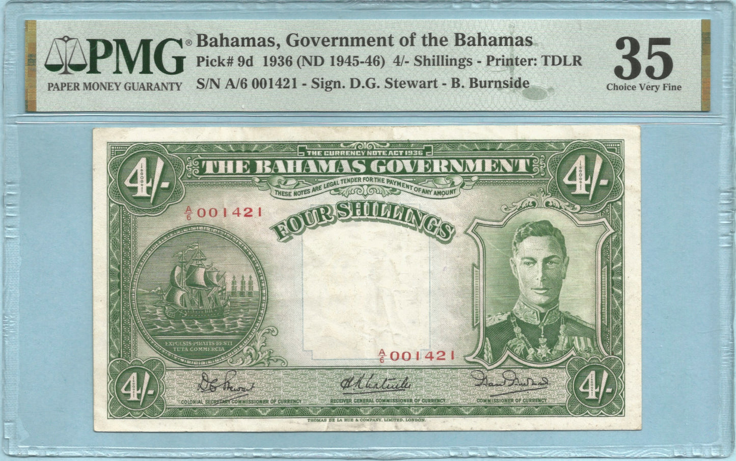 Bahamas 4 Shillings - 1936(ND 1945-46) - P#9d - PMG 35