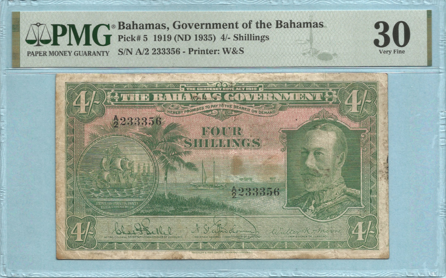 Bahamas 4 Shillings - L.1919(1930) - P#5 - PMG 30 Stains