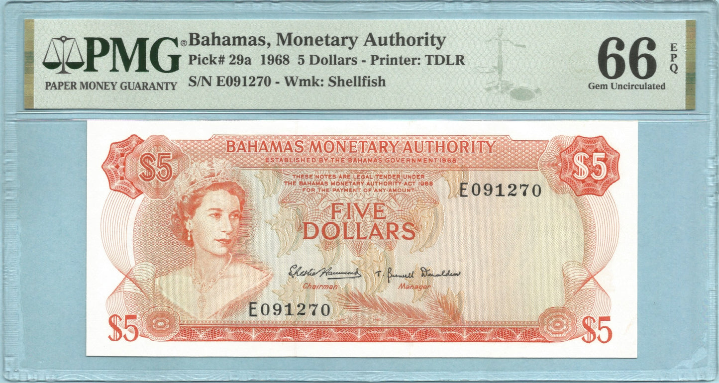 Bahamas 5 Dollars - L. 1968 - P#29a - PMG 66 EPQ