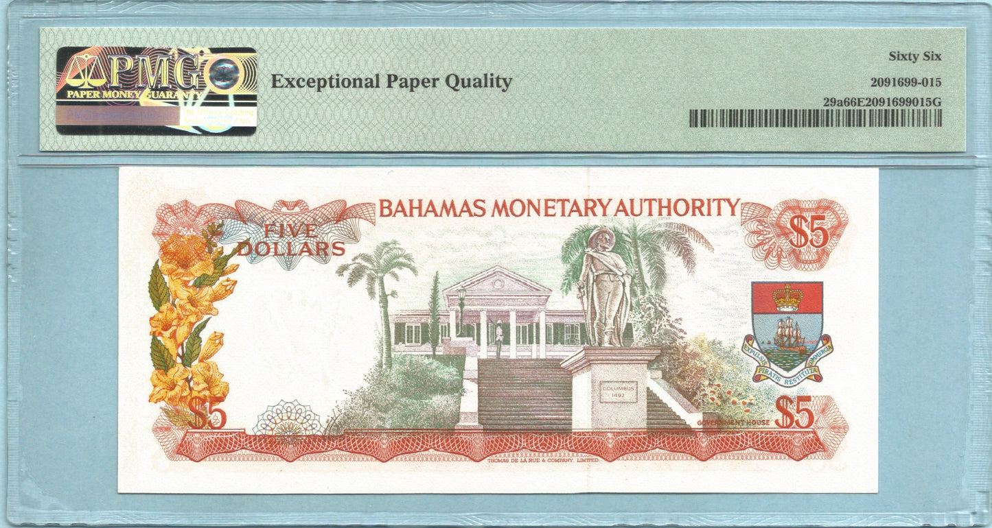 Bahamas 5 Dollars - L. 1968 - P#29a - PMG 66 EPQ