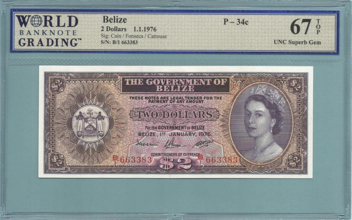 Belize 2 Dollars - 1.1.1976 - P#34c - WBG 67 TOP