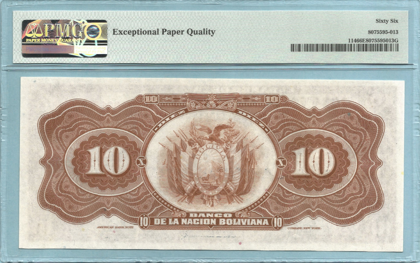 Bolivia 10 Bolivianos 1911(ND 1929) - P#114 - PMG 66 EPQ