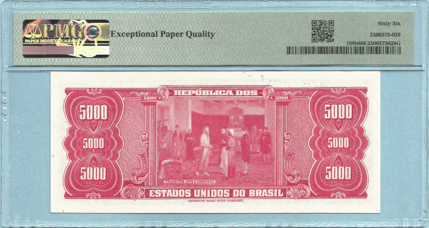 Brazil 5 Cruzieros Novo on 5000 Cruzieros - ND(1966-67) - P#188b - PMG 66 EPQ