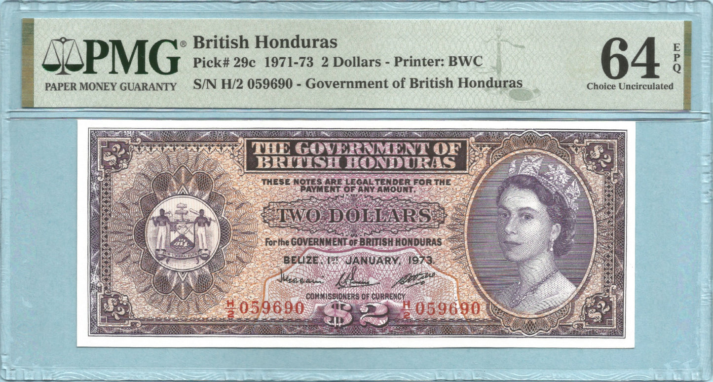 British Honduras 2 Dollars - 1.1.1973 - P#29c - PMG 64 EPQ