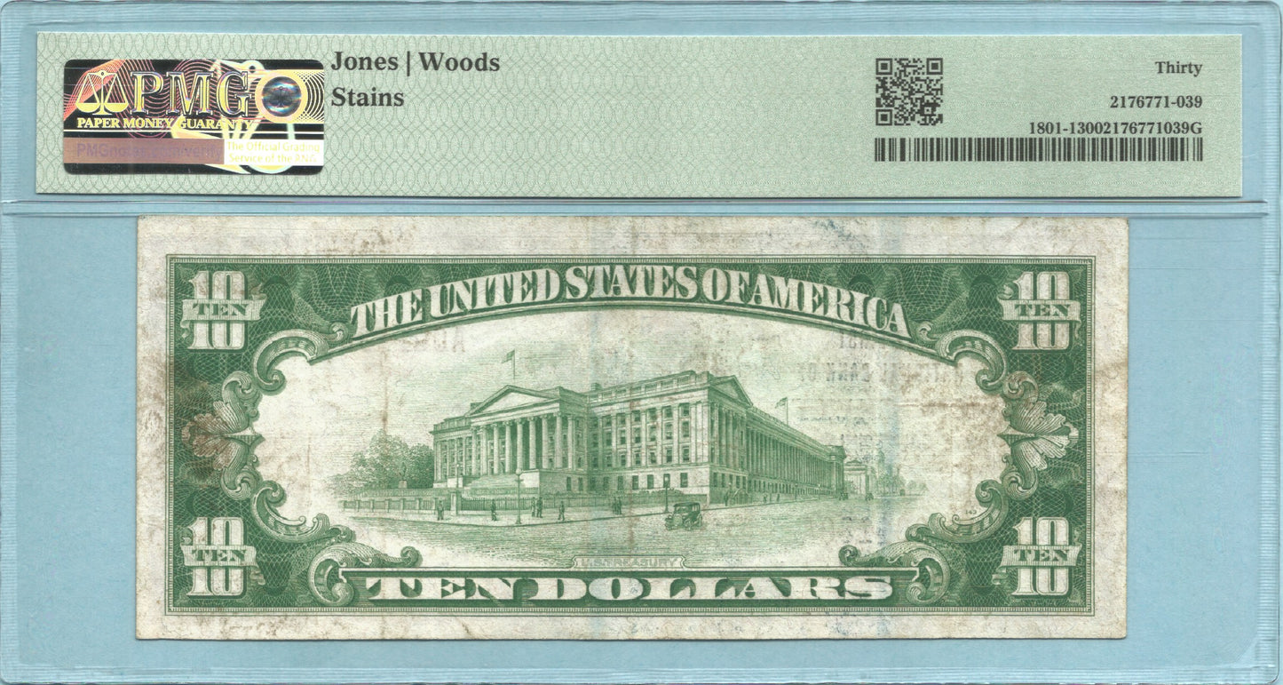 $10 National Currency 1929-T1 Ch#11326 1st NB, Crockett, CA PMG 30