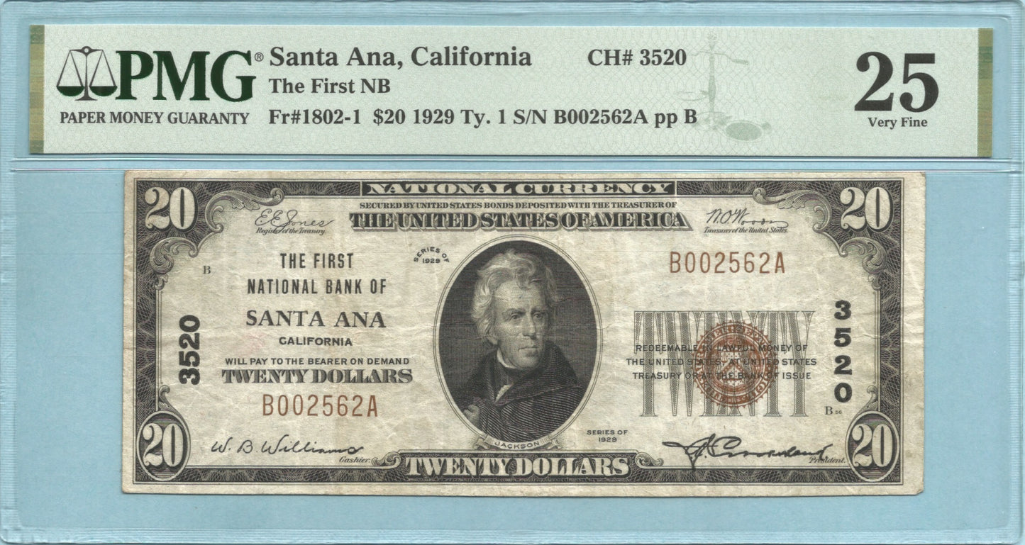 $20 National Currency 1929-T1 - Ch#3520 - 1st NB, Santa Ana, CA - PMG 25