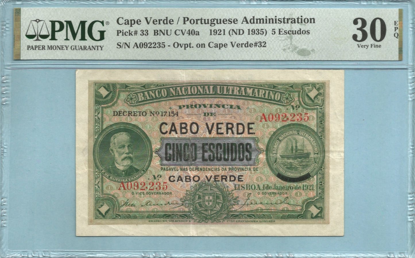 Cape Verde 5 Escudos 1.1.1921 - P#33 - PMG 30 EPQ
