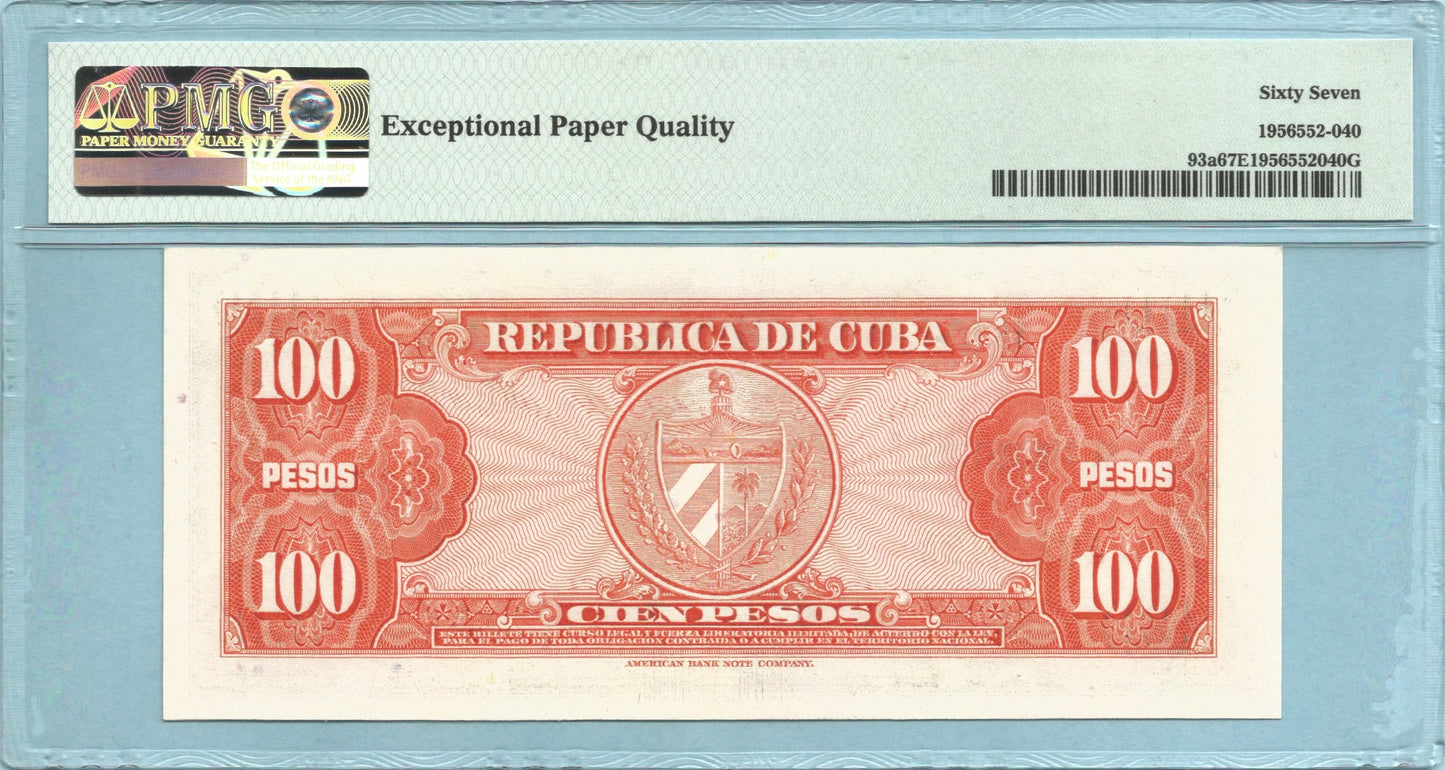 Cuba 100 Pesos - 1959 - P#93a - PMG 67 EPQ